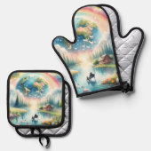 Whimsical Rainbow Earth Fantasy Scene Ovenwant & Pannenlap Set (Voorkant / Achterkant)