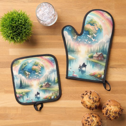 Whimsical Rainbow Earth Fantasy Scene Ovenwant & Pannenlap Set (Top down)