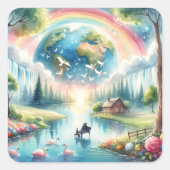 Whimsical Rainbow Earth Fantasy Scene Vierkante Sticker (Voorkant)