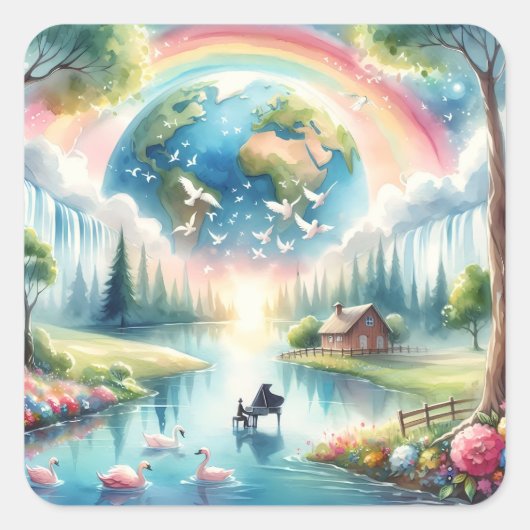 Whimsical Rainbow Earth Fantasy Scene Vierkante Sticker (Voorkant)