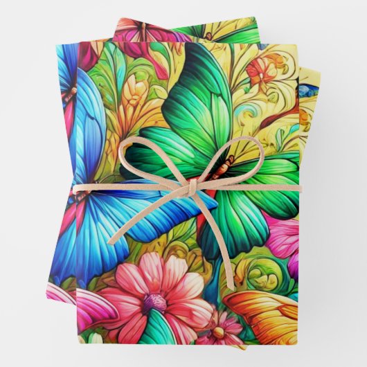 Whimsical Rainbow Garden met vlinders Inpakpapier Vel (In situ)