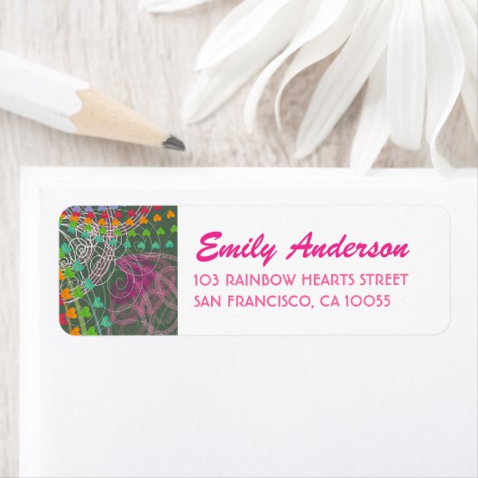 Whimsical Rainbow Hearts Pink Swirls Labels (Insitu)