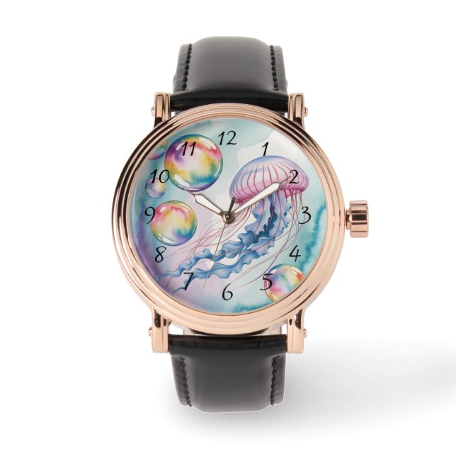 Whimsical Rainbow Jellyfish Watercolor Design Horloge (Voorkant)
