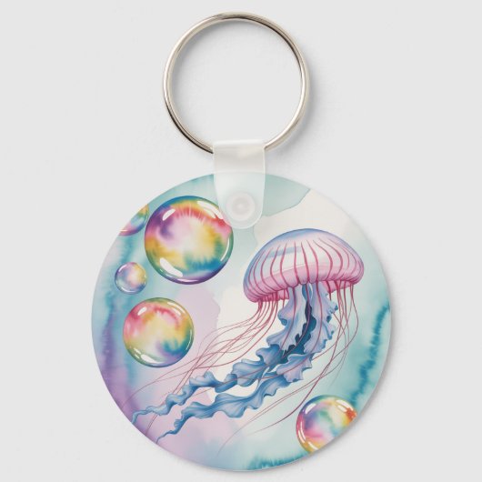 Whimsical Rainbow Jellyfish Watercolor Design Sleutelhanger (Voorkant)