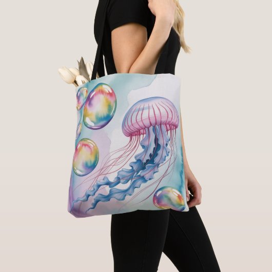 Whimsical Rainbow Jellyfish Watercolor Design Tote Bag (Dichtbij)