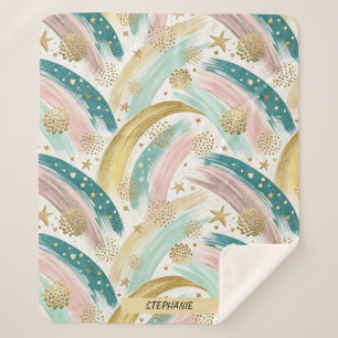 Whimsical Rainbow Pastel Abstract met gouden sterr Sherpa Deken