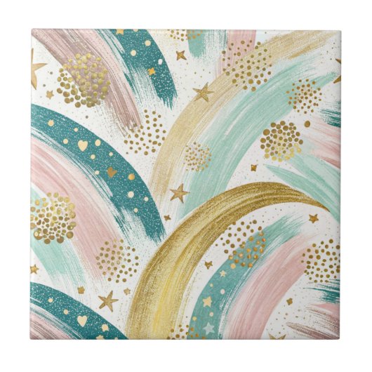 Whimsical Rainbow Pastel Abstract met gouden sterr Tegeltje (Voorkant)