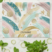Whimsical Rainbow Pastel Abstract met gouden sterr Theedoek (Gevouwen)