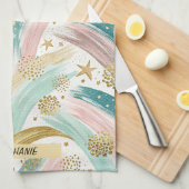 Whimsical Rainbow Pastel Abstract met gouden sterr Theedoek (Quarter Fold)