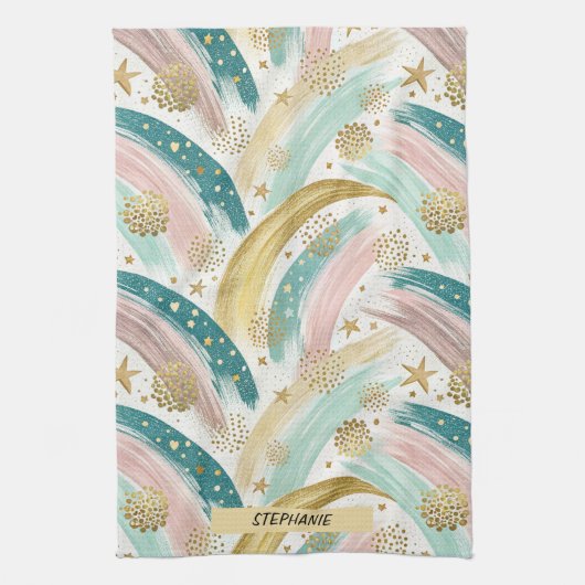 Whimsical Rainbow Pastel Abstract met gouden sterr Theedoek (Verticaal)