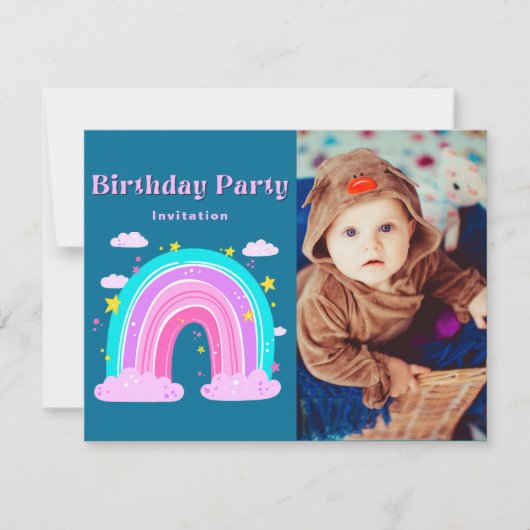Whimsical Rainbow Pink & Teal 1st Birthday Invite  (Voorkant)