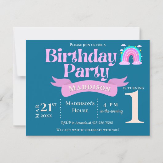 Whimsical Rainbow Pink & Teal 1st Birthday Invite  (Achterkant)