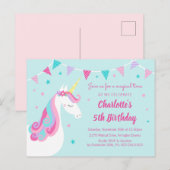 Whimsical Rainbow Unicorn Aqua 5th Birthday Uitnodiging Briefkaart (Voorkant / Achterkant)