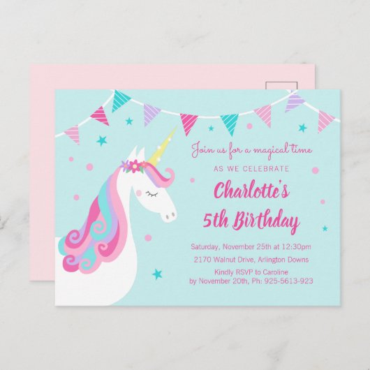 Whimsical Rainbow Unicorn Aqua 5th Birthday Uitnodiging Briefkaart (Voorkant / Achterkant)