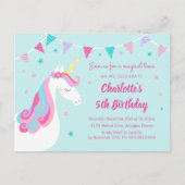 Whimsical Rainbow Unicorn Aqua 5th Birthday Uitnodiging Briefkaart (Voorkant)