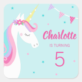 Whimsical Rainbow Unicorn Aqua 5th Birthday Vierkante Sticker