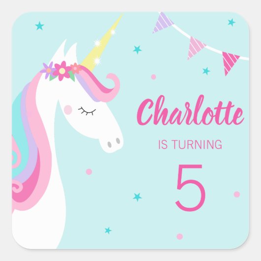 Whimsical Rainbow Unicorn Aqua 5th Birthday Vierkante Sticker (Voorkant)