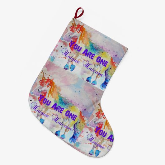 Whimsical Rainbow Unicorn Art-kerststop Grote Kerstsok (Voorkant (Hangend))