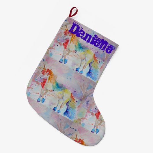 Whimsical Rainbow Unicorn Art-kerststop Grote Kerstsok (Voorkant (Hangend))