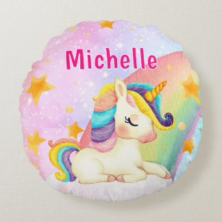 Whimsical Rainbow Unicorn Girl's Name Room  Rond Kussen