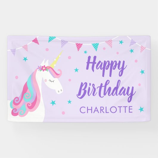 Whimsical Rainbow Unicorn Paars Happy Birthday Spandoek (Horizontaal)