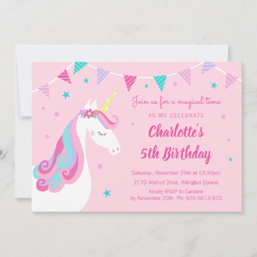 Whimsical Rainbow Unicorn Pink 5th Birthday Kaart (Voorkant)