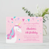Whimsical Rainbow Unicorn Pink 5th Birthday Kaart (Staand voorkant)