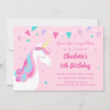 Whimsical Rainbow Unicorn Pink 5th Birthday