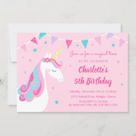 Whimsical Rainbow Unicorn Pink 5th Birthday Kaart
