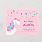 Whimsical Rainbow Unicorn Pink 5th Birthday Uitnodiging Briefkaart (Voorkant / Achterkant)