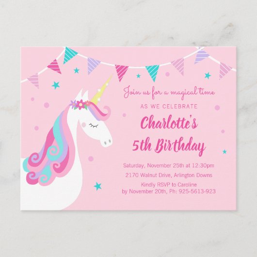 Whimsical Rainbow Unicorn Pink 5th Birthday Uitnodiging Briefkaart (Voorkant)