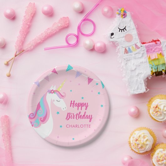 Whimsical Rainbow Unicorn Pink Happy Birthday Papieren Bordje (Feest)