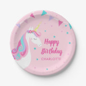 Whimsical Rainbow Unicorn Pink Happy Birthday Papieren Bordje (Voorkant)