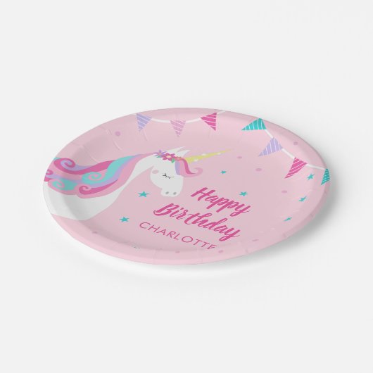 Whimsical Rainbow Unicorn Pink Happy Birthday Papieren Bordje (Gekanteld)