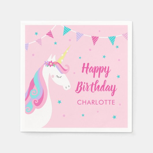 Whimsical Rainbow Unicorn Pink Happy Birthday Servet (Voorkant)