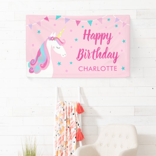 Whimsical Rainbow Unicorn Pink Happy Birthday Spandoek (Insitu)