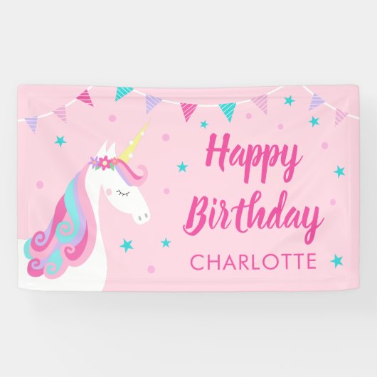 Whimsical Rainbow Unicorn Pink Happy Birthday Spandoek (Horizontaal)