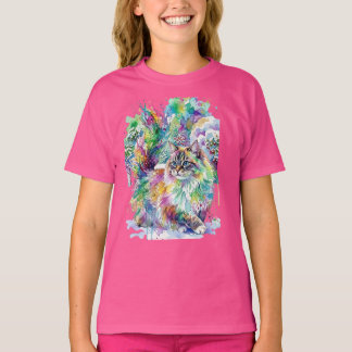 Whimsical Rainbow Watercolor Fluffy Cat in Winter  T-shirt