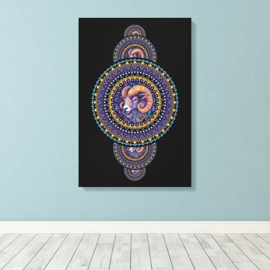 Whimsical Ram Ornamental Mandala Canvas Muurkunst (Insitu (Houten vloer))