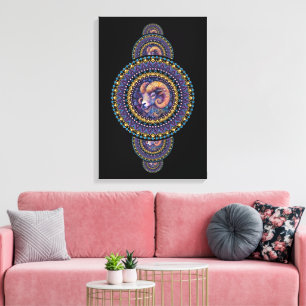 Whimsical Ram Ornamental Mandala Canvas Muurkunst Afdruk