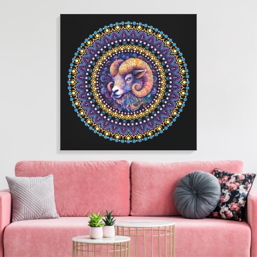 Whimsical Ram Zodiac Dot Mandala Canvas Muurkunst (Insitu (Woonkamer))