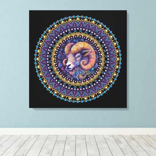 Whimsical Ram Zodiac Dot Mandala Canvas Muurkunst (Insitu (Houten vloer))