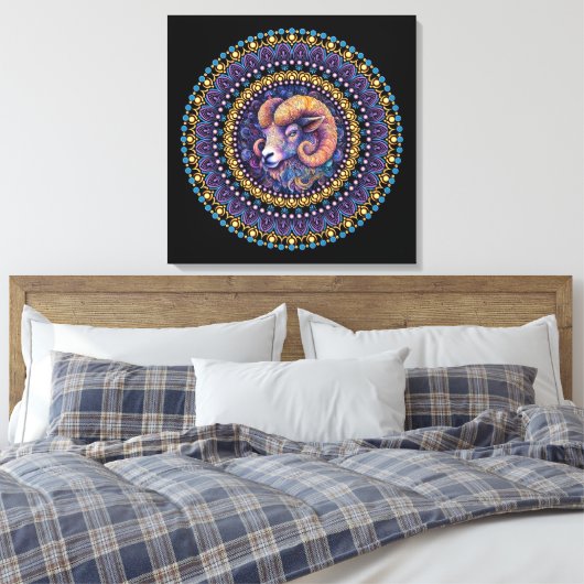 Whimsical Ram Zodiac Dot Mandala Canvas Muurkunst (Insitu (Slaapkamer))
