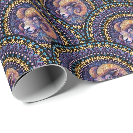 Whimsical Ram Zodiac Mandala Art Deco Scallop Cadeaupapier (Rol Hoek)