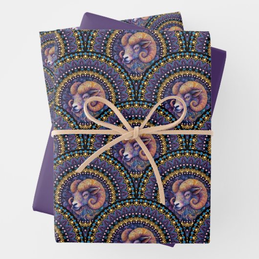 Whimsical Ram Zodiac Mandala Art Deco Scallop Inpakpapier Vel (In situ)