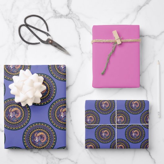 Whimsical Ram Zodiac Sign Polka Dot Mandala Inpakpapier Vel (Voorkant)