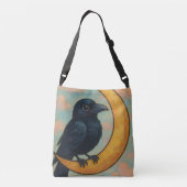 Whimsical Raven Crescent Moon Cute Rustic Folk Art Crossbody Tas (Achterkant)