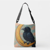 Whimsical Raven Crescent Moon Cute Rustic Folk Art Crossbody Tas (Voorkant)