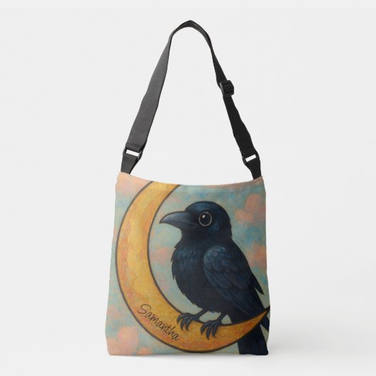 Whimsical Raven Crescent Moon Cute Rustic Folk Art Crossbody Tas (Voorkant)