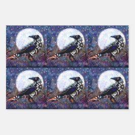 Whimsical Raven Floral Zwart Paarse Decoupage Inpakpapier Vel